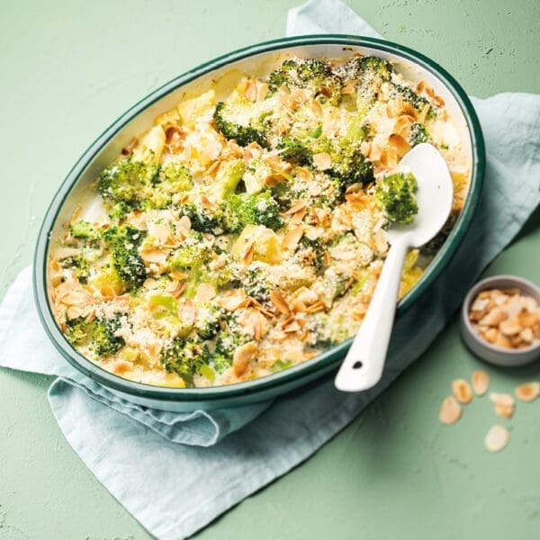 Broccoli and potato gratin with grilled almonds
