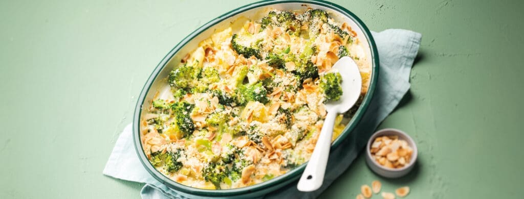 Broccoli and potato gratin with grilled almonds